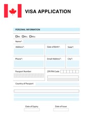 Illustration of Immigration to Canada. Blank application visa form