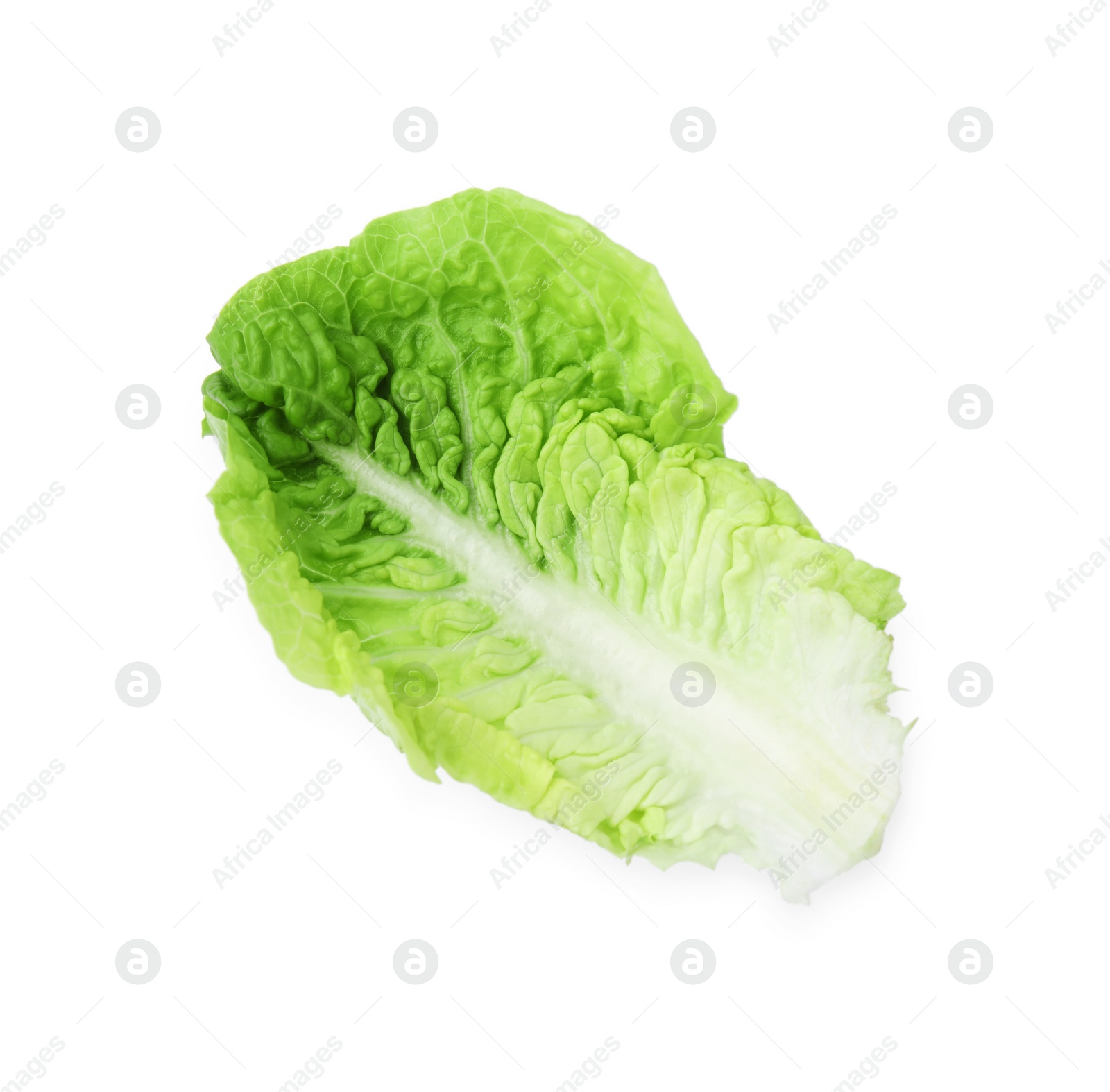 Photo of Fresh green leaf of romaine lettuce isolated on white, top view