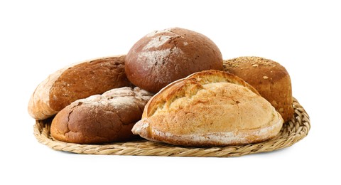 Wicker basket with different types of fresh bread isolated on white