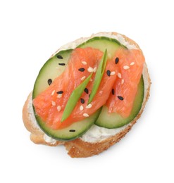 Photo of Tasty canape with salmon, cucumber and cream cheese isolated on white, top view
