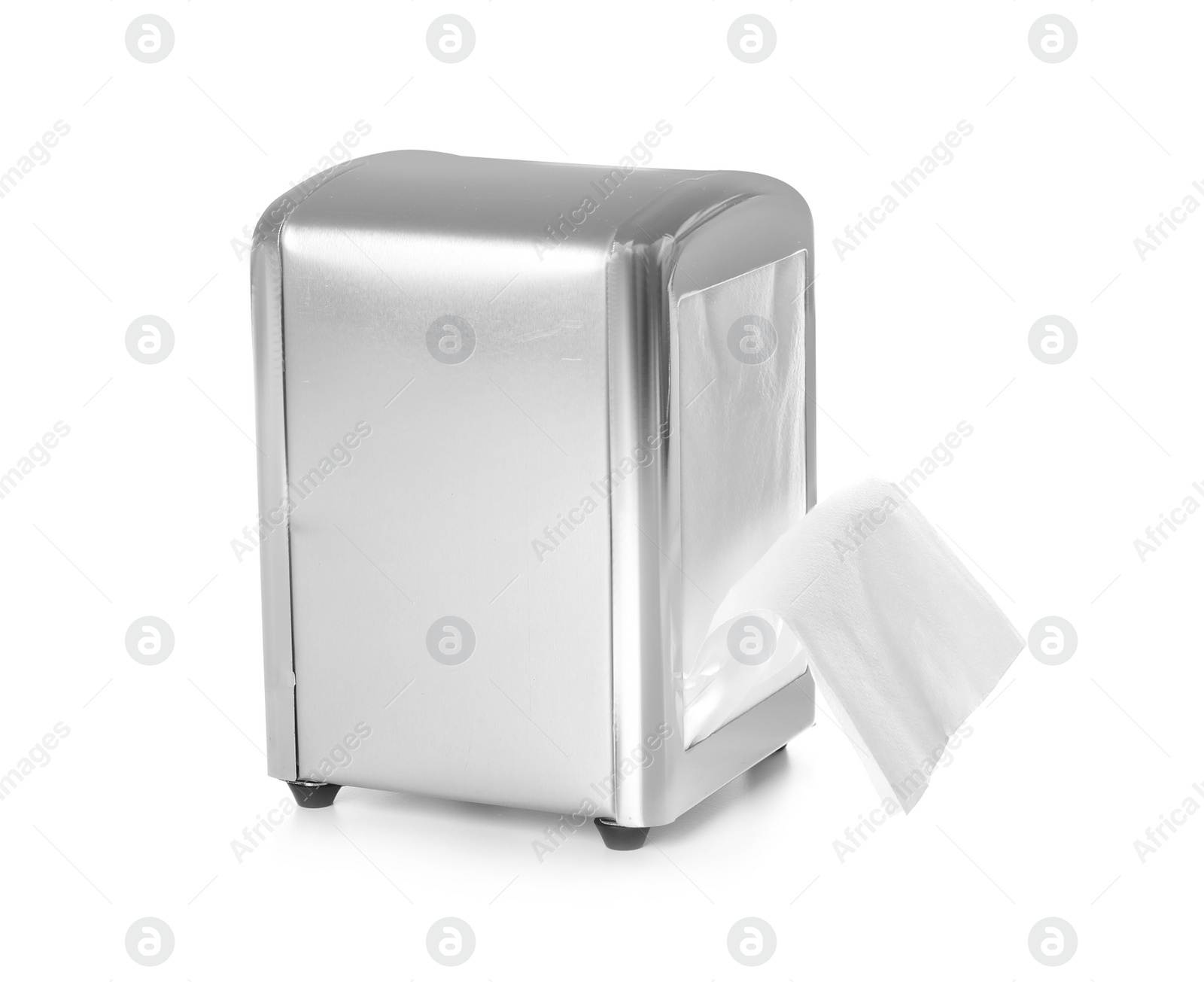 Photo of Metal holder with paper napkins on white background