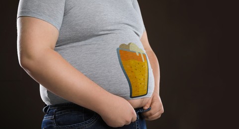 Image of Beer problem problem. Overweight man on brown background, closeup