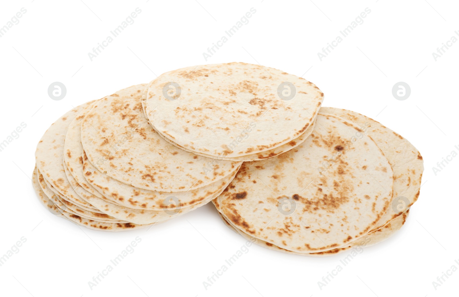 Photo of Many tasty homemade tortillas isolated on white