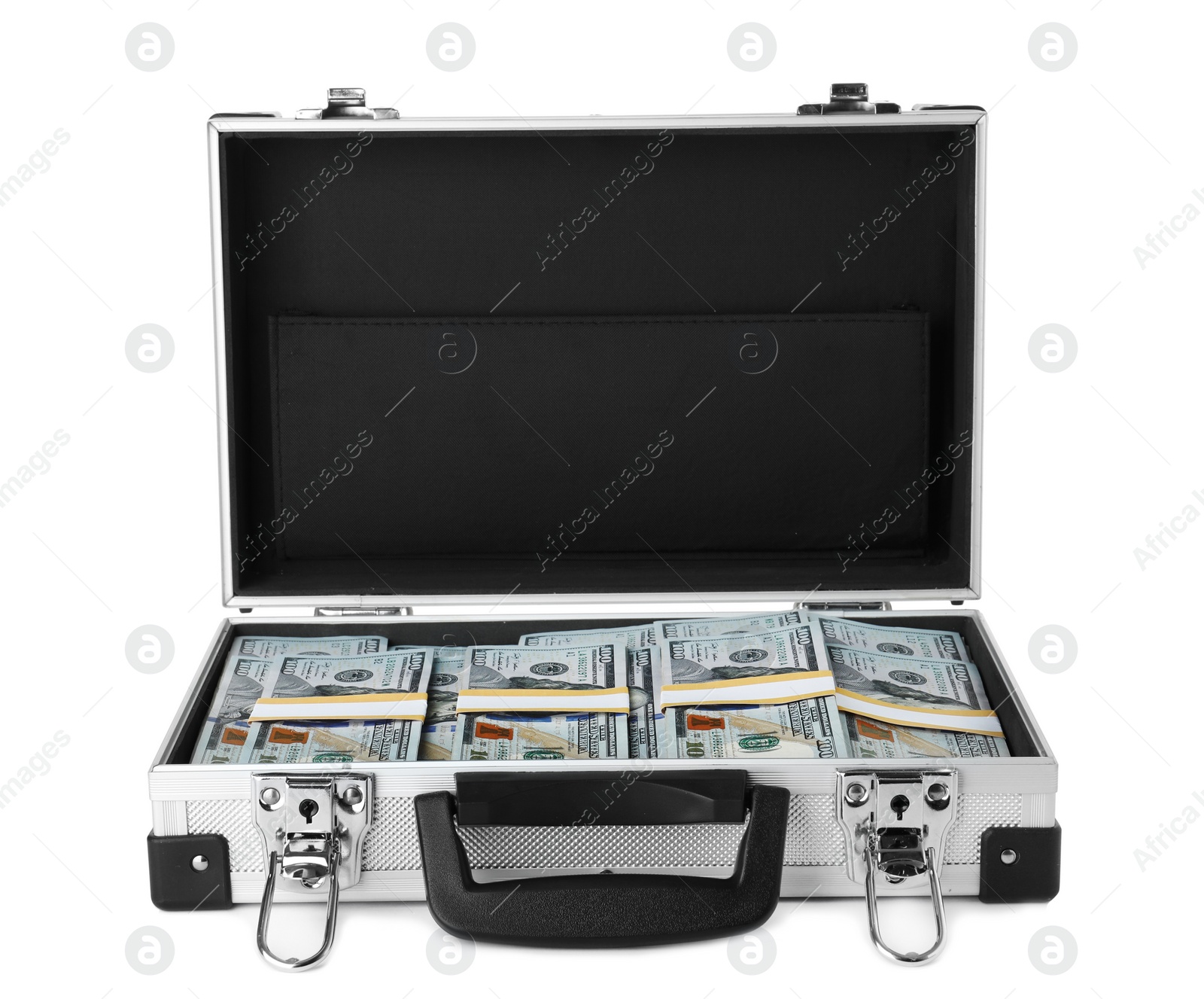 Photo of Open suitcase full of money on white background