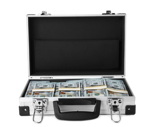 Open suitcase full of money on white background