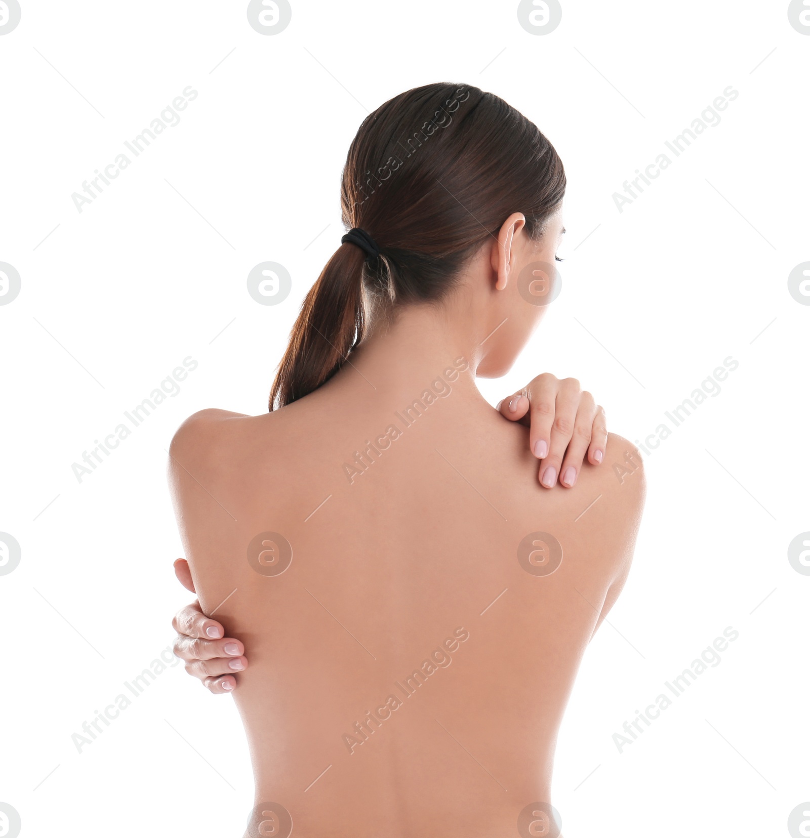 Photo of Woman with perfect smooth skin on white background, back view. Beauty and body care