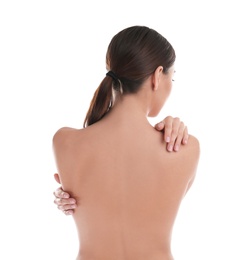 Photo of Woman with perfect smooth skin on white background, back view. Beauty and body care
