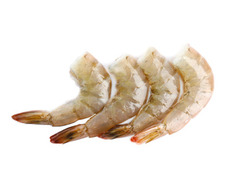 Fresh raw shrimps isolated on white, top view. Healthy seafood