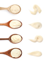 Image of Set with tasty mayonnaise on white background, top view