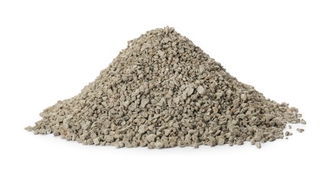 Photo of Pile of clay cat litter isolated on white