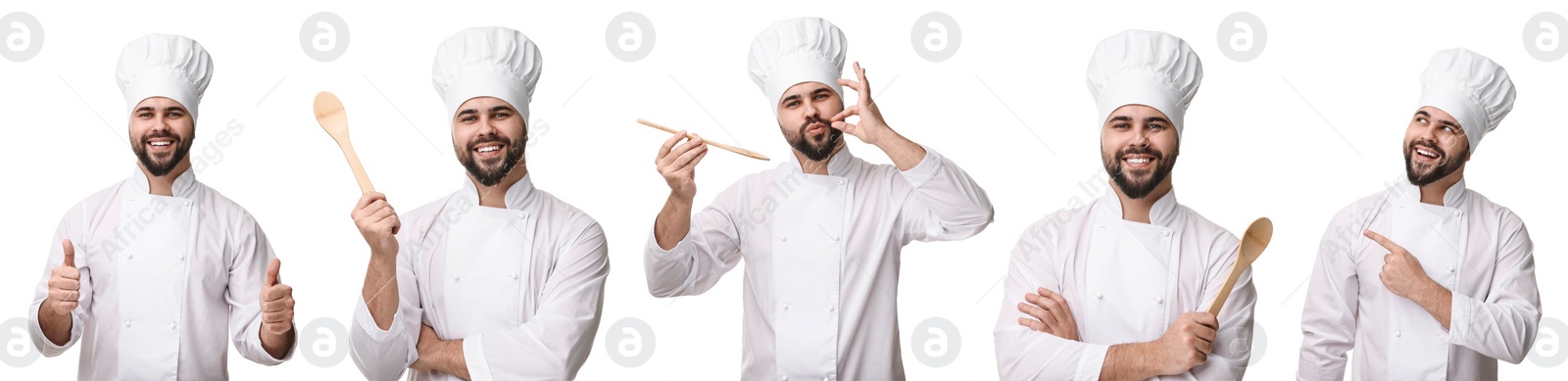 Image of Chef in uniform on white background, set with photos