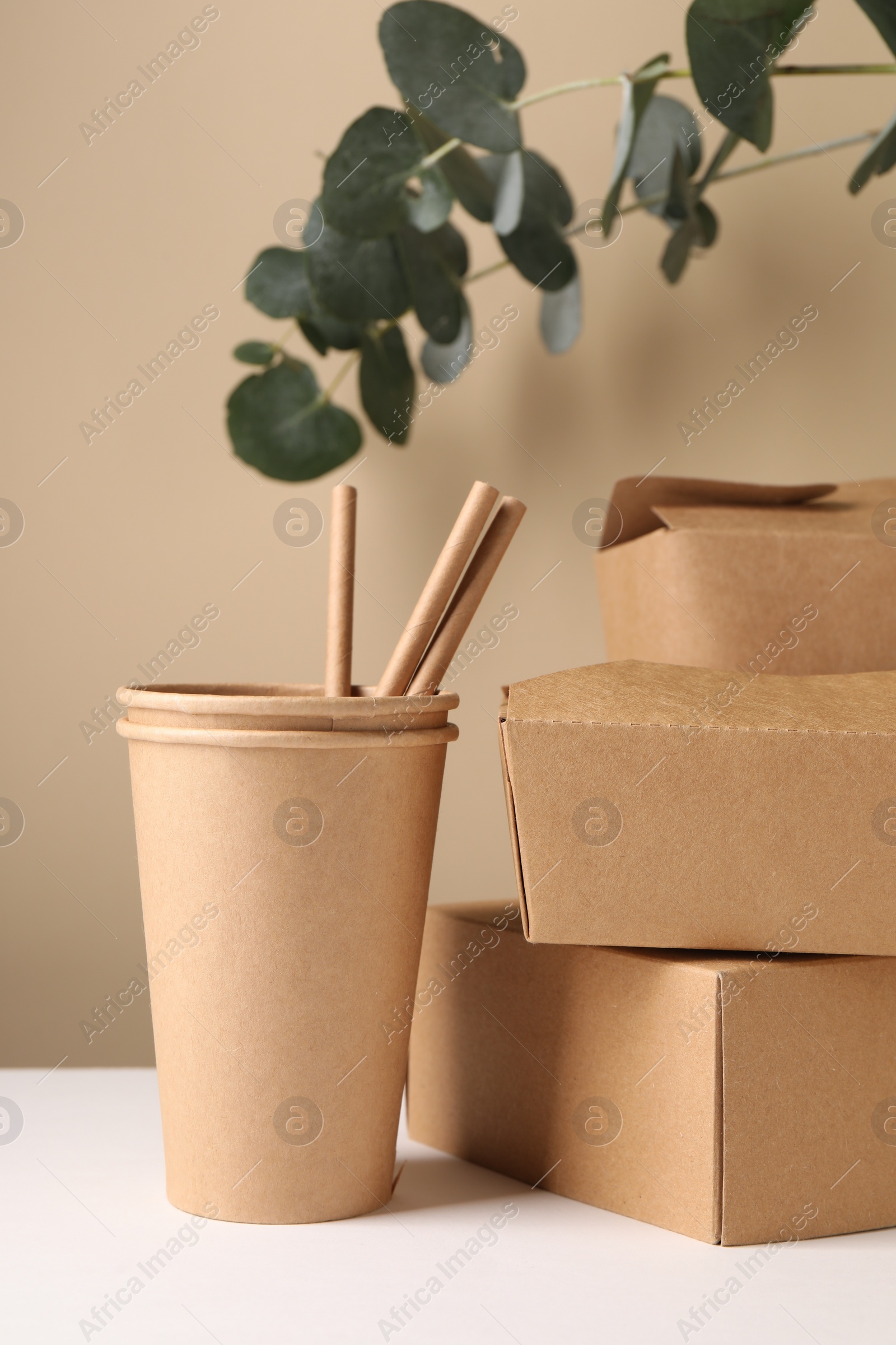 Photo of Eco friendly food packaging. Paper containers, straws and eucalyptus branches on white table against beige background