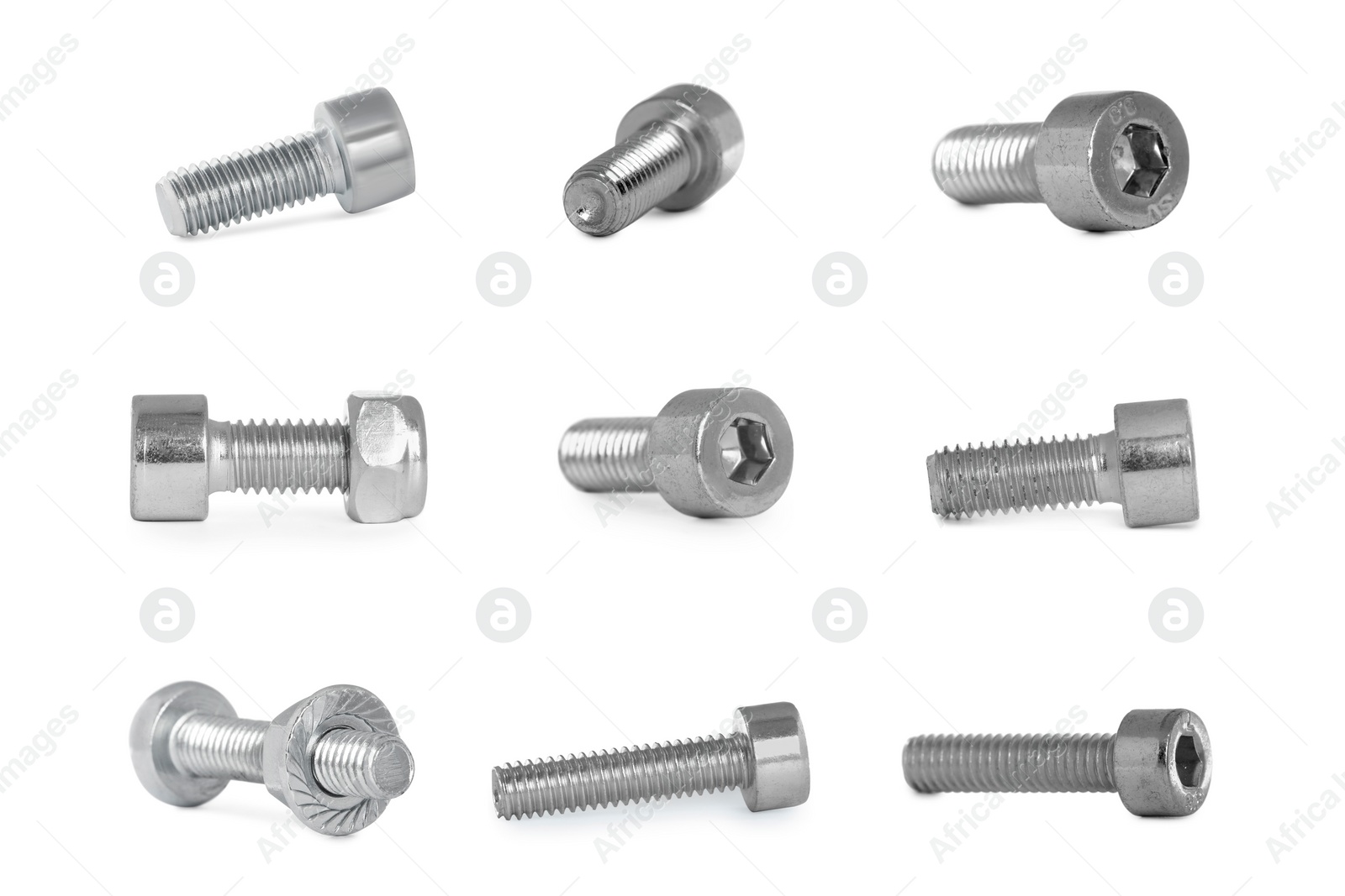 Image of Set with metal bolts and nuts on white background