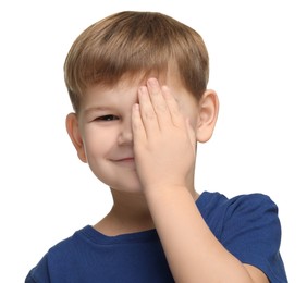 Photo of Little boy covering his eye on white background