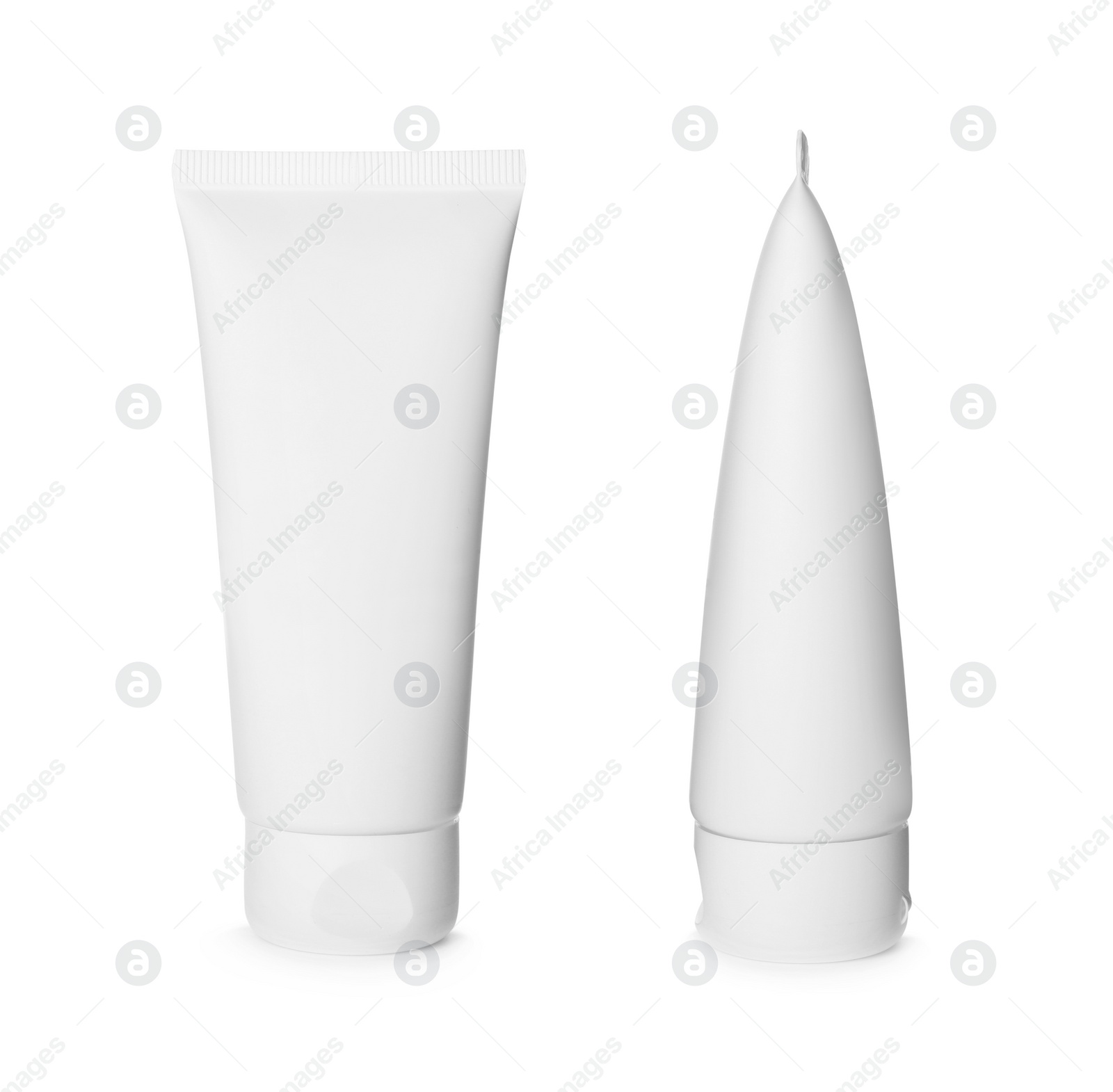 Image of Blank tubes of cosmetic products on white background, collage. Mockup for design