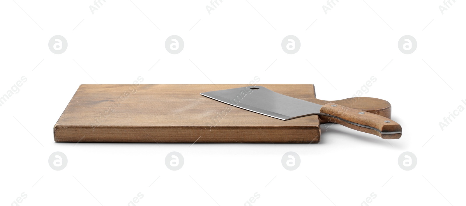 Photo of Stainless steel cleaver knife with wooden handle on board against white background