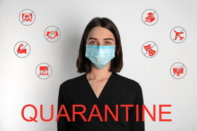 Image of Woman with surgical mask against light background. Hold on quarantine rules during coronavirus outbreak