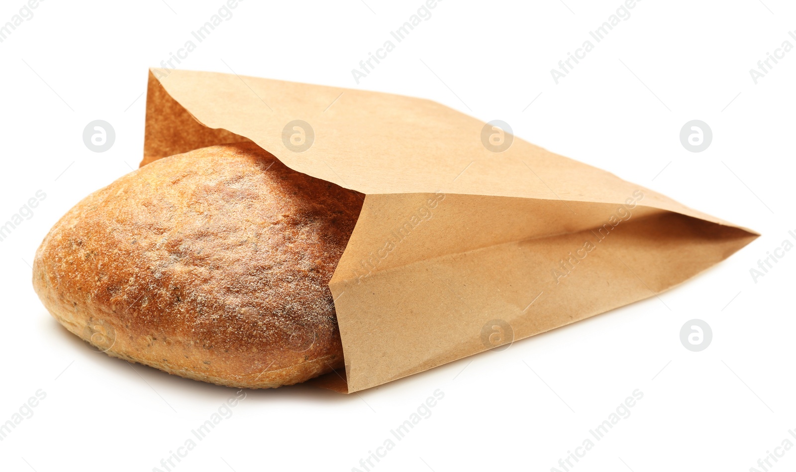 Photo of Paper bag with bread on white background. Space for design