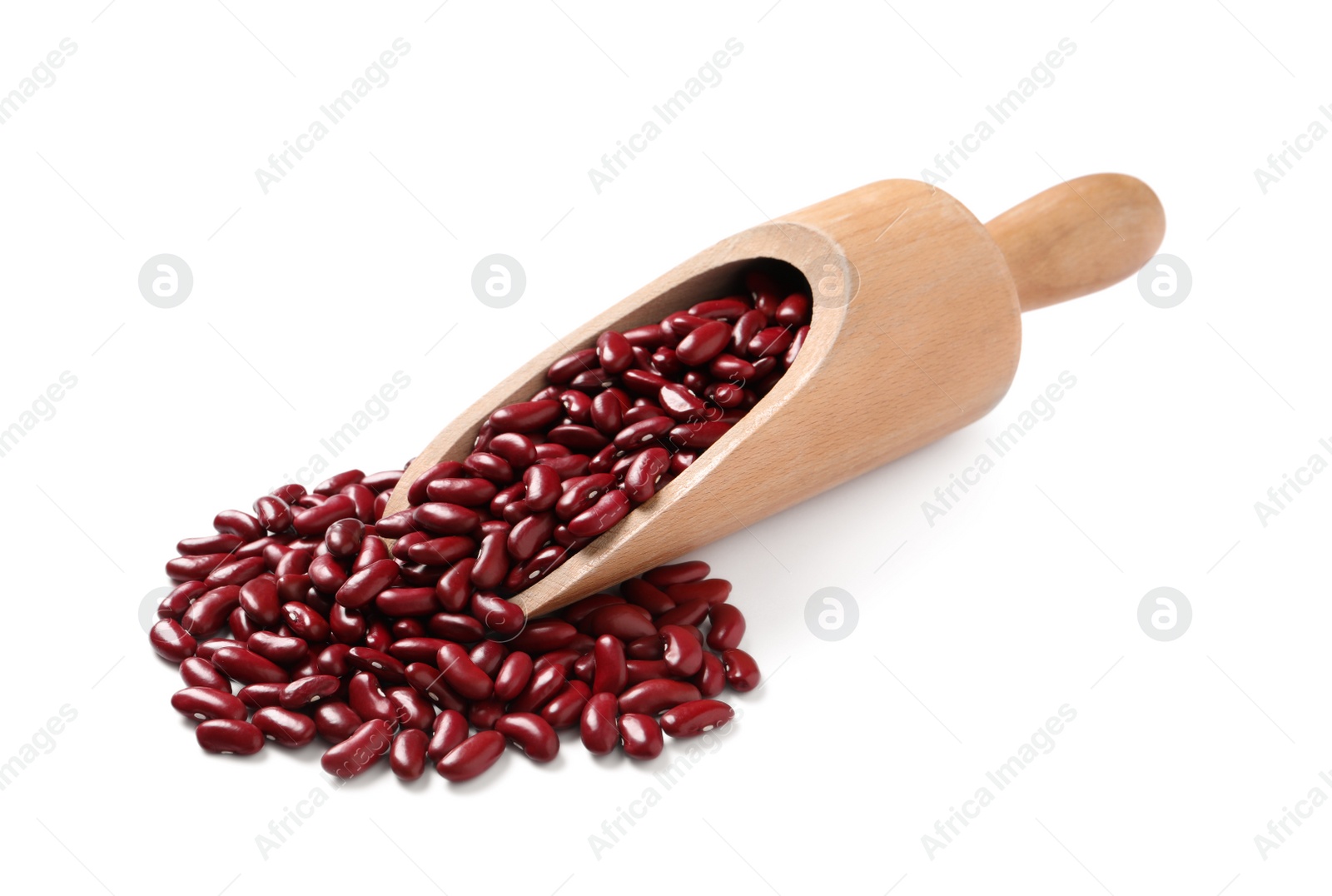 Photo of Wooden scoop with raw red kidney beans on white background