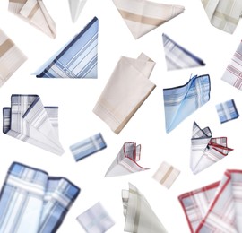 Image of Many different handkerchiefs falling on white background 