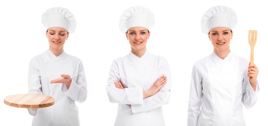 Image of Chef in uniform on white background, set with photos