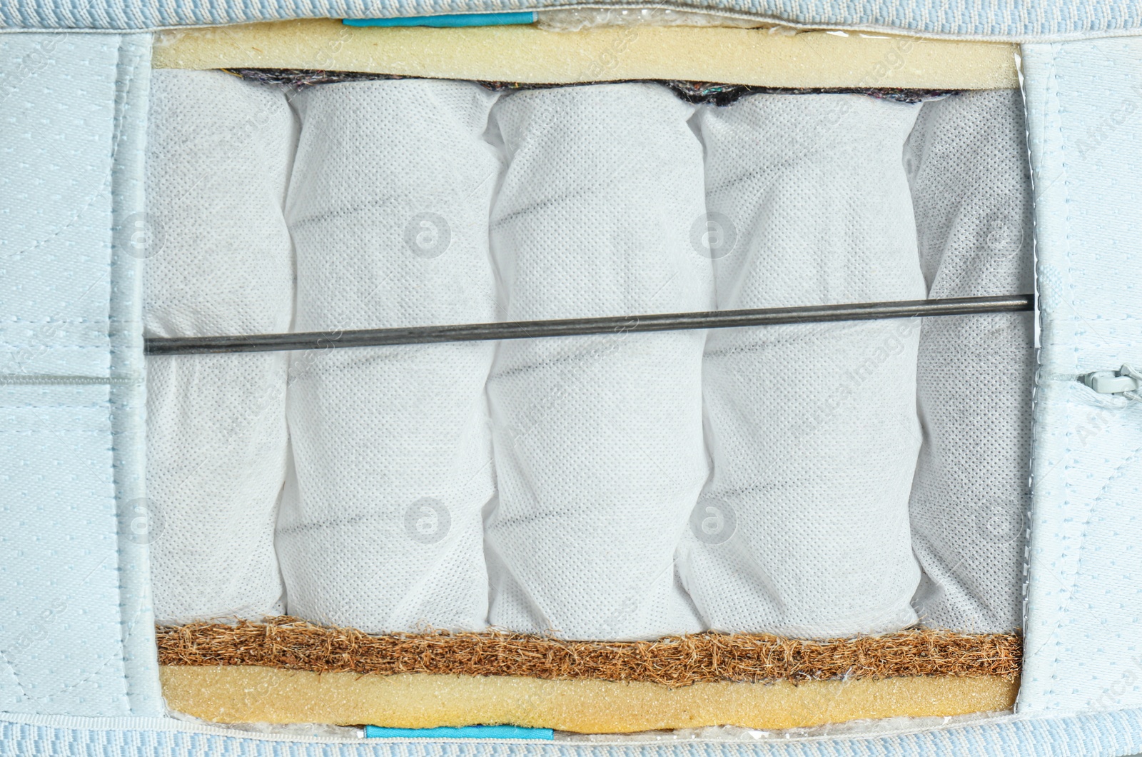 Photo of Sample of modern orthopedic mattress as background, closeup