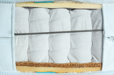 Photo of Sample of modern orthopedic mattress as background, closeup