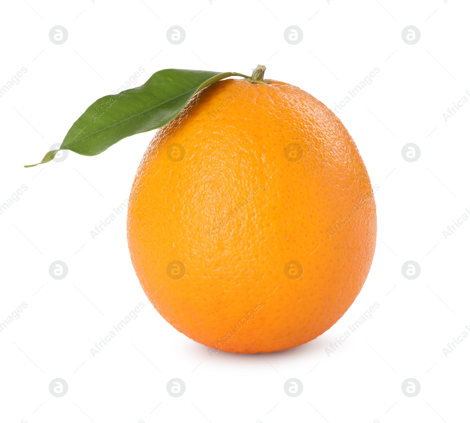 Photo of Fresh ripe orange with green leaf isolated on white