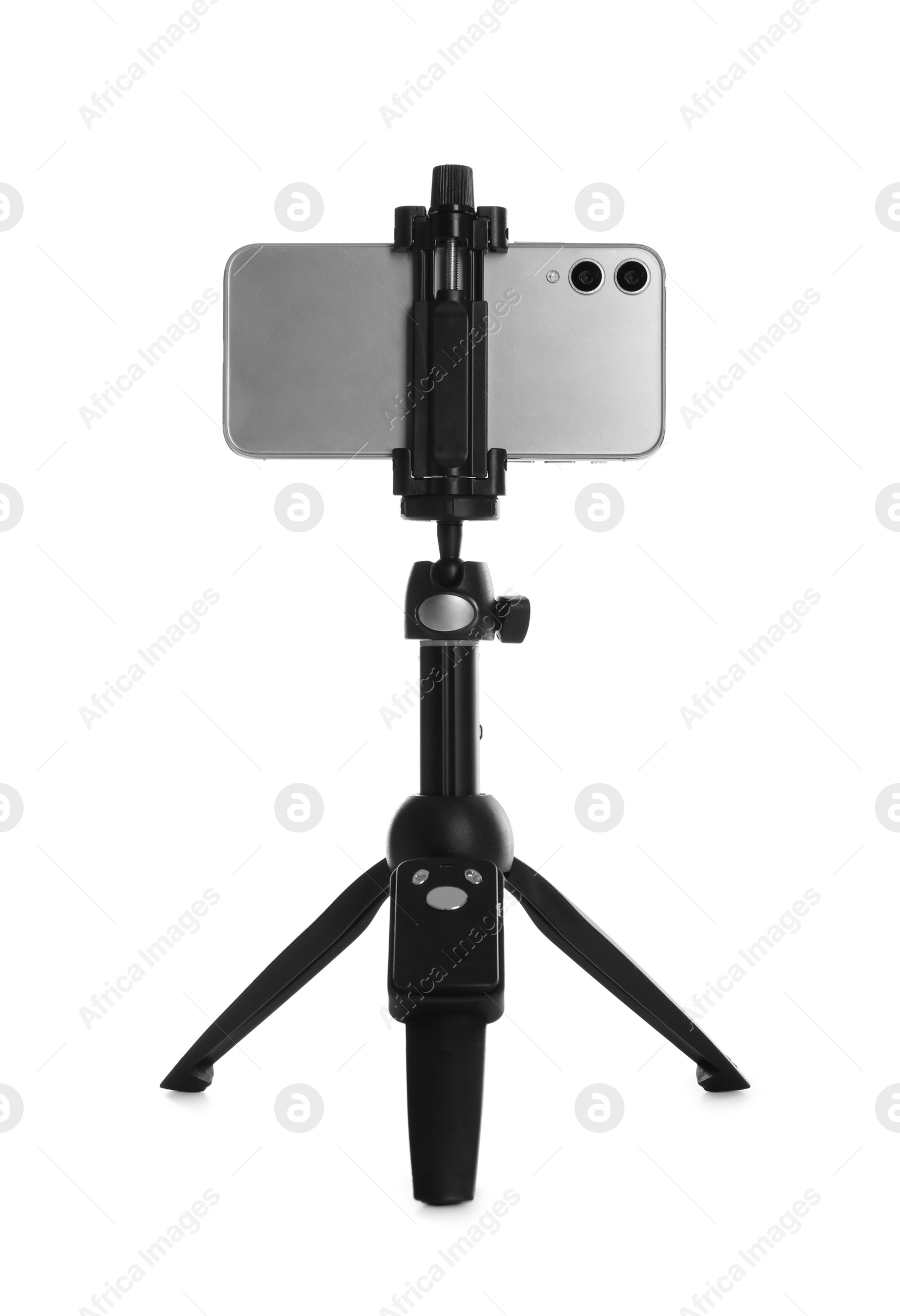 Photo of Smartphone fixed to tripod on white background