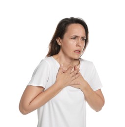 Photo of Mature woman suffering from breathing problem on white background