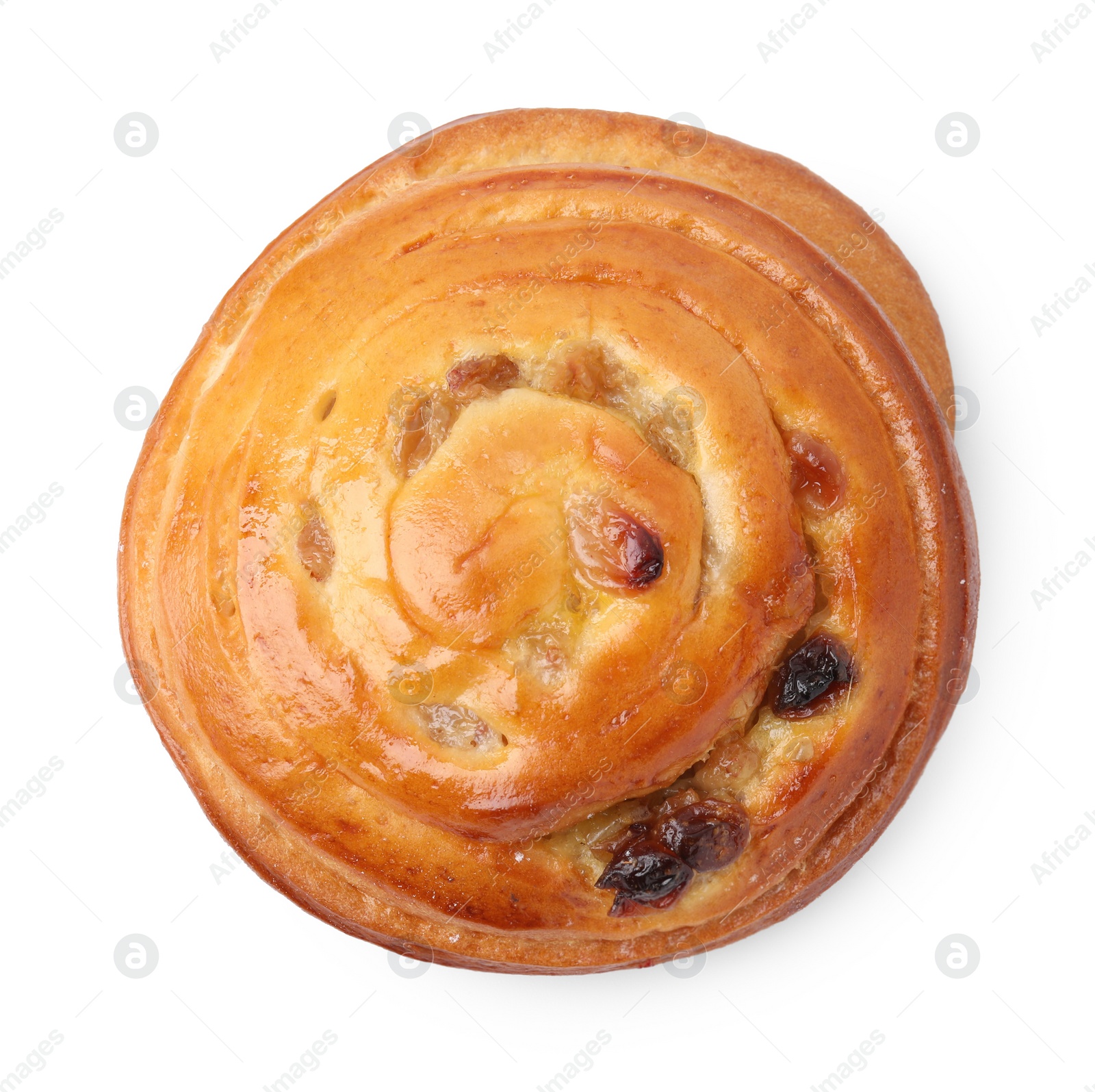 Photo of Delicious roll with raisins isolated on white, top view. Sweet bun