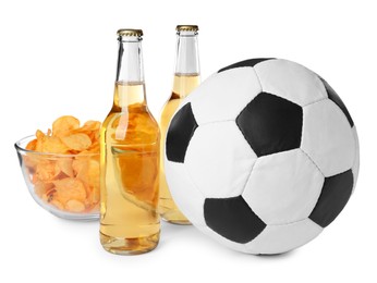 Soccer ball, beer and chips on white background