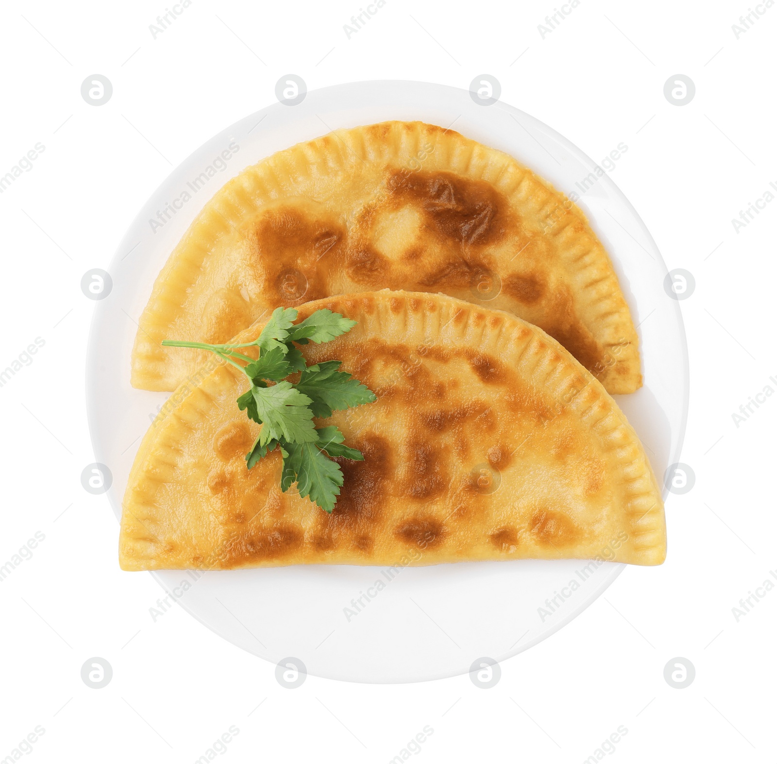 Photo of Delicious fried chebureki with cheese and parsley on white background, top view