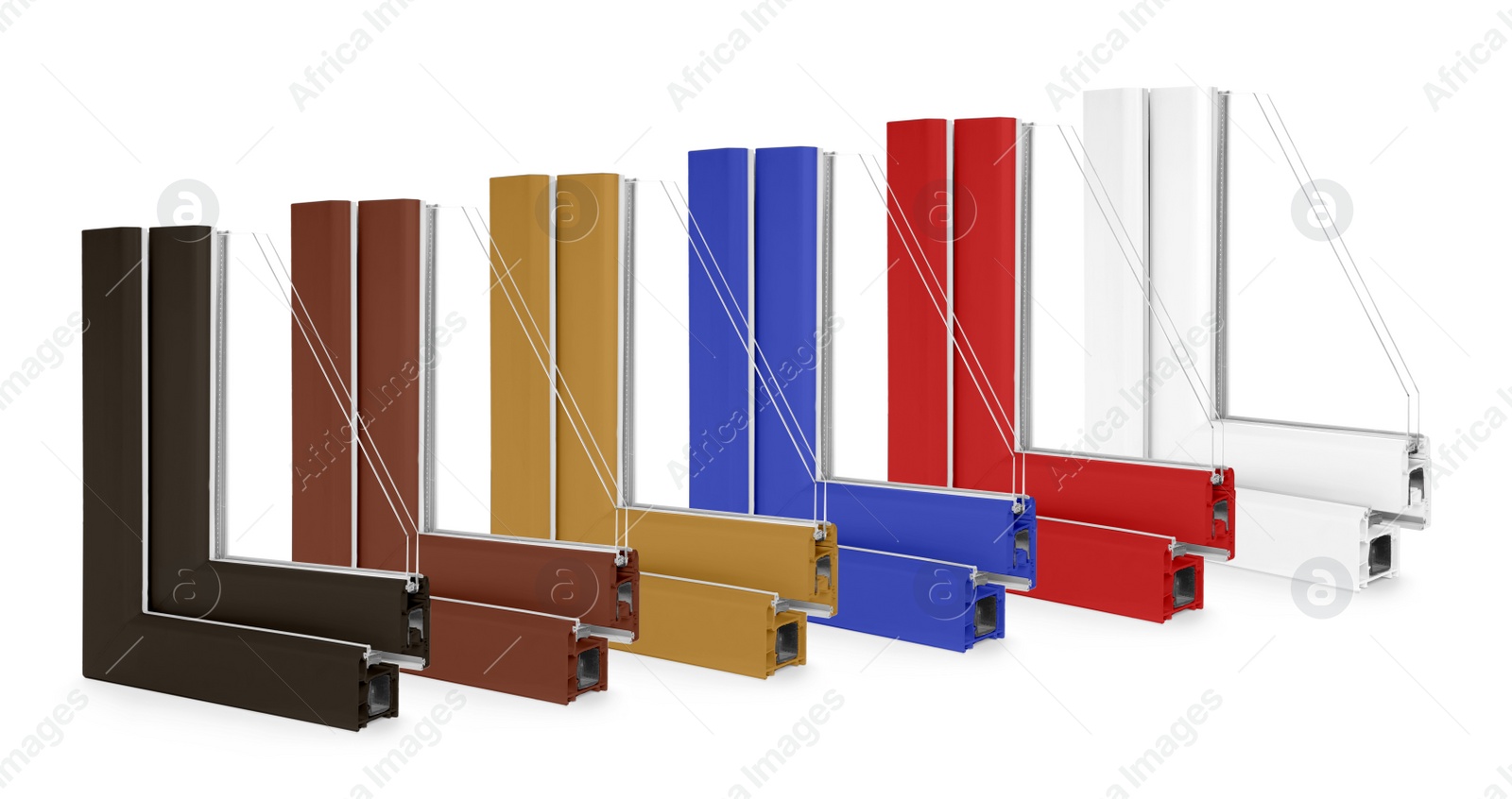 Image of Set with samples of modern window profile in different colors on white background, banner design 