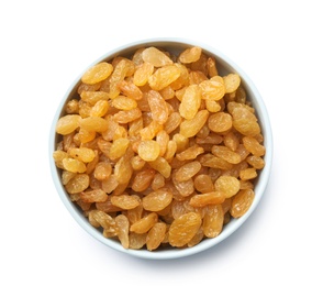 Bowl with raisins on white background, top view. Dried fruit as healthy snack