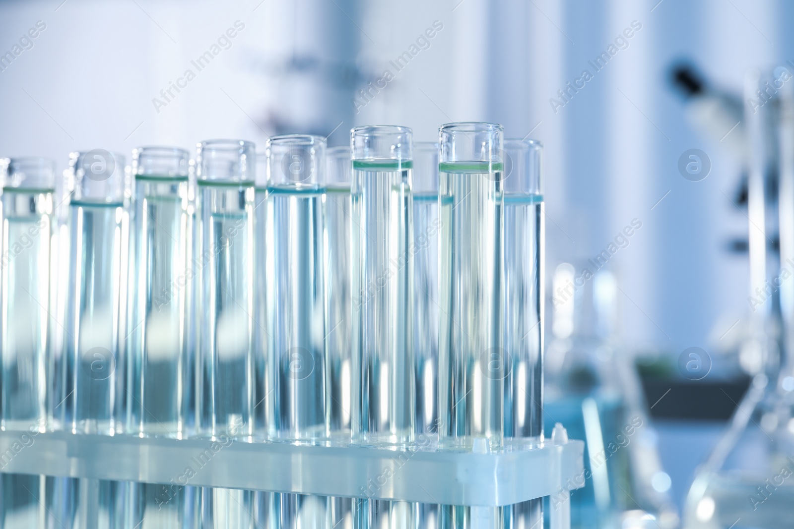 Photo of Test tubes with liquid samples for analysis in laboratory, closeup