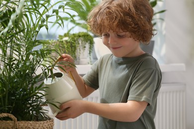 Cute little boy watering beautiful green plant at home. House decor