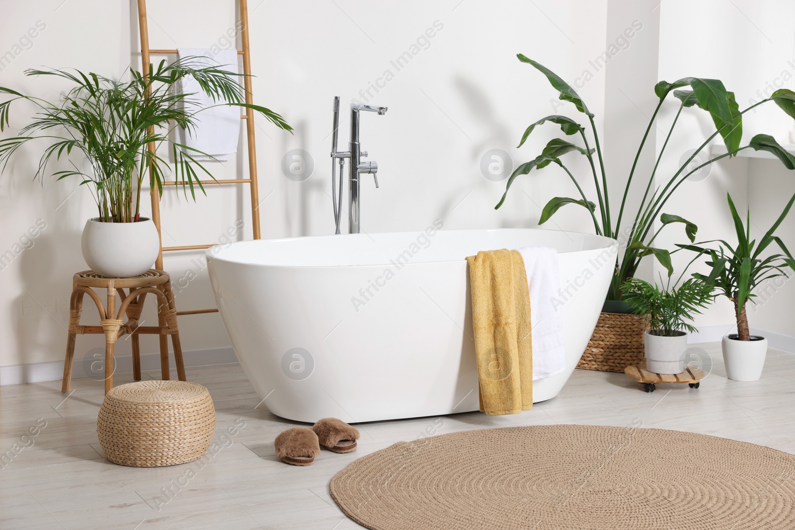 Photo of Stylish bathroom interior with modern ceramic tub and beautiful houseplants