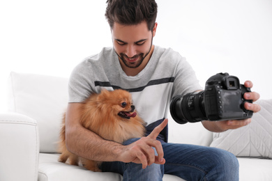 Photo of Professional animal photographer taking picture of beautiful Pomeranian spitz dog at home