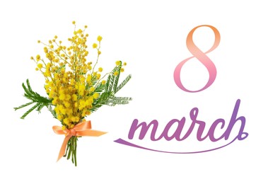 Image of 8 March greeting card design. Beautiful bouquet of mimosa flowers on white background