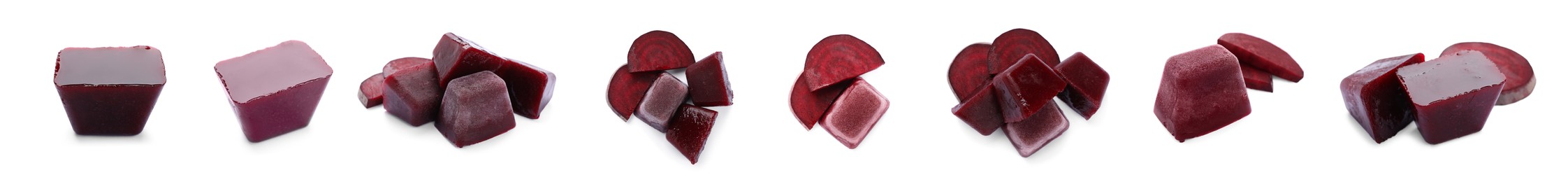 Image of Set with frozen beetroots puree cubes and ingredients on white background, banner design
