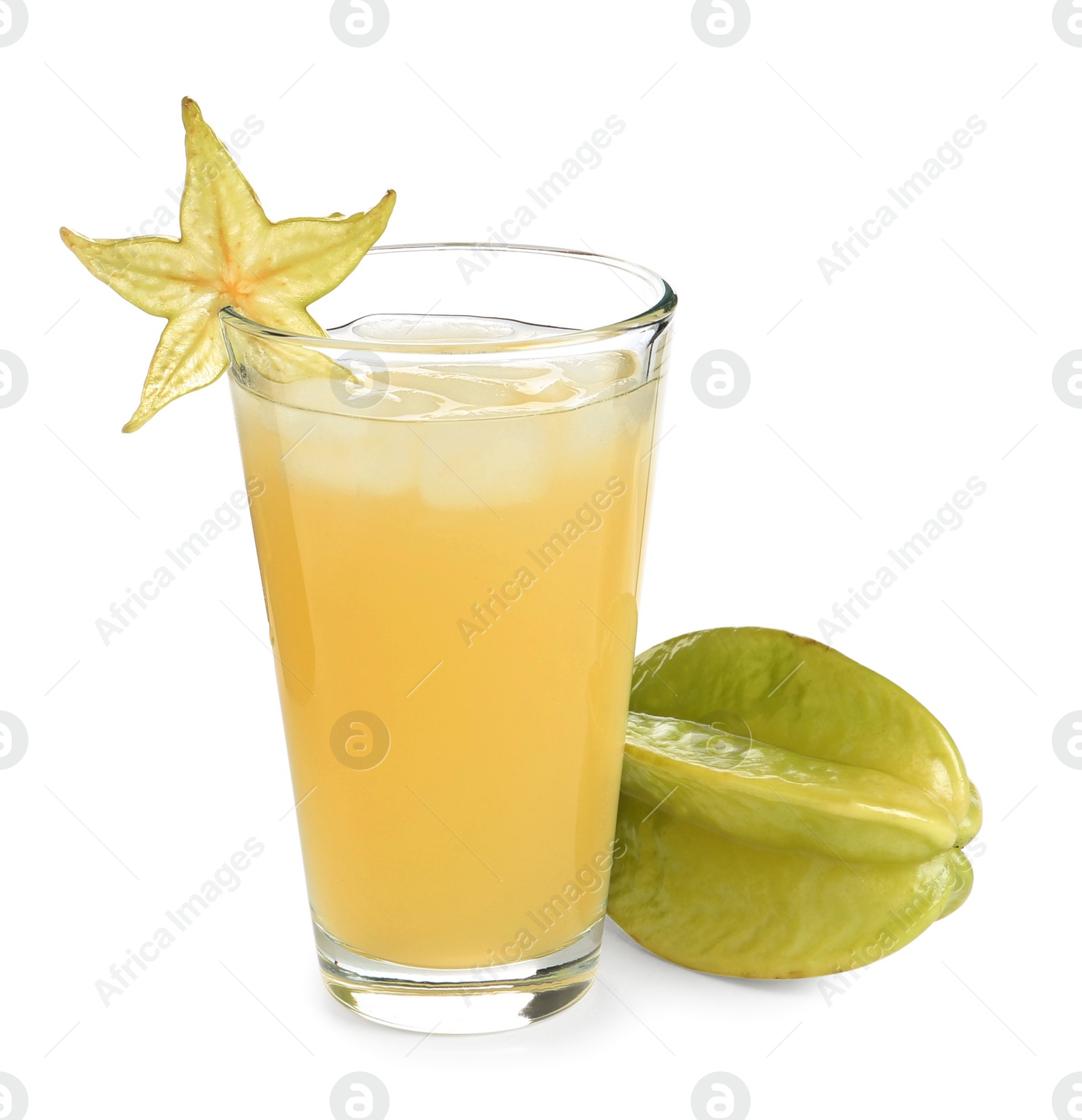 Photo of Delicious carambola juice in glass on white background