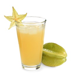 Delicious carambola juice in glass on white background