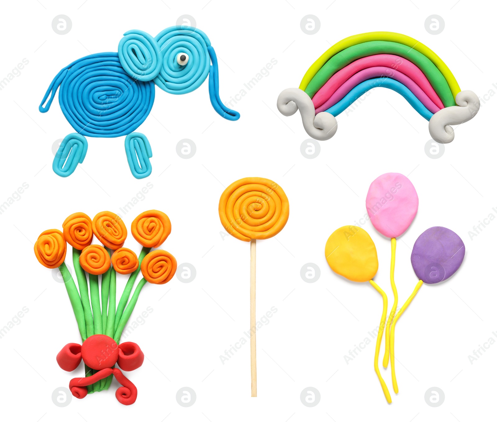 Image of Set with different colorful child's crafts of plasticine on white background, top view