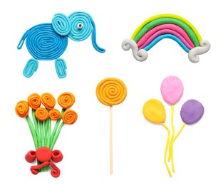 Image of Set with different colorful child's crafts of plasticine on white background, top view