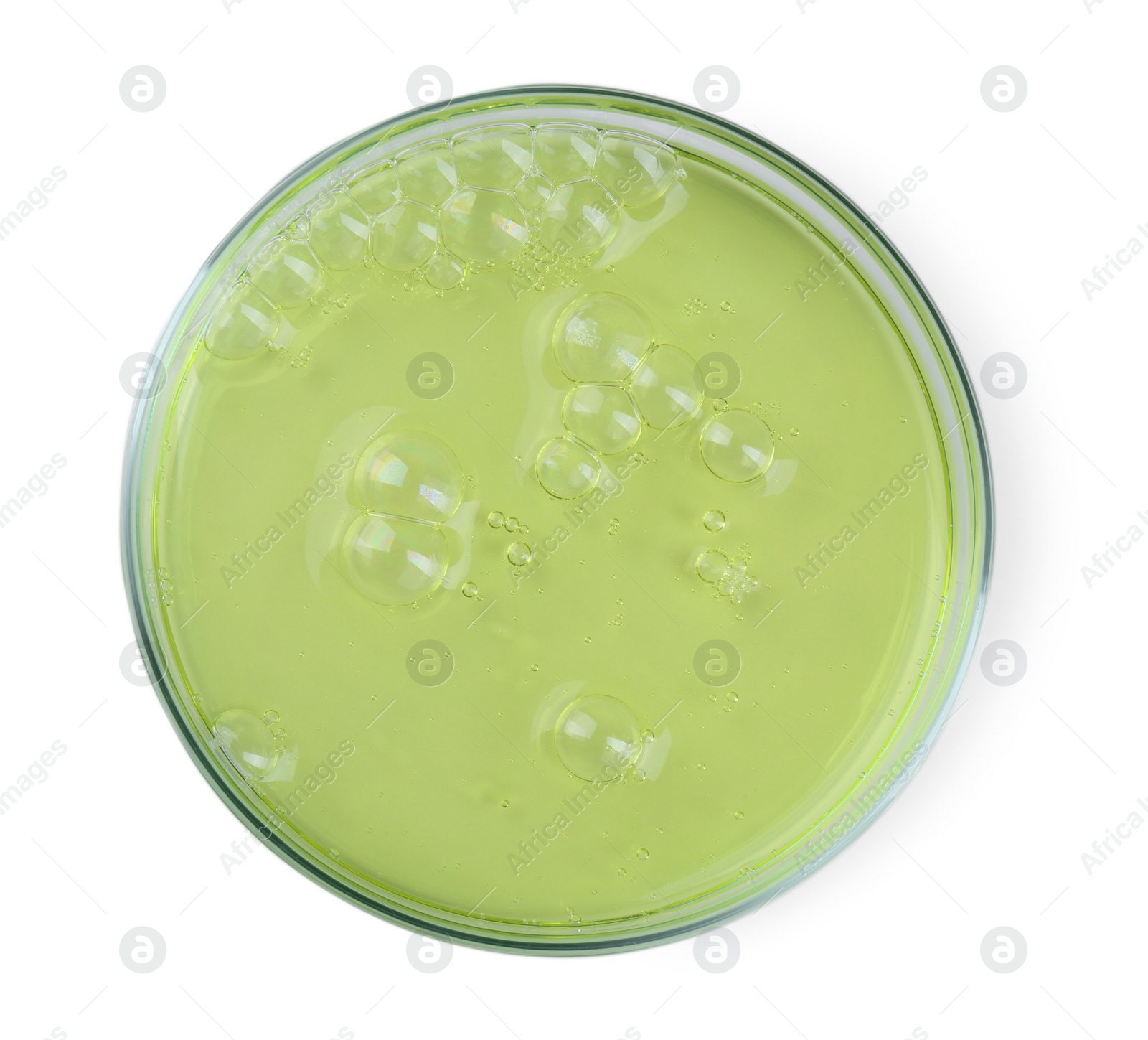 Photo of Petri dish with color liquid sample isolated on white, top view