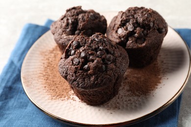 Delicious chocolate muffins and cacao powder on light table, closeup