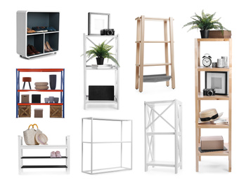 Image of Set with wooden shelving units and different items on white background