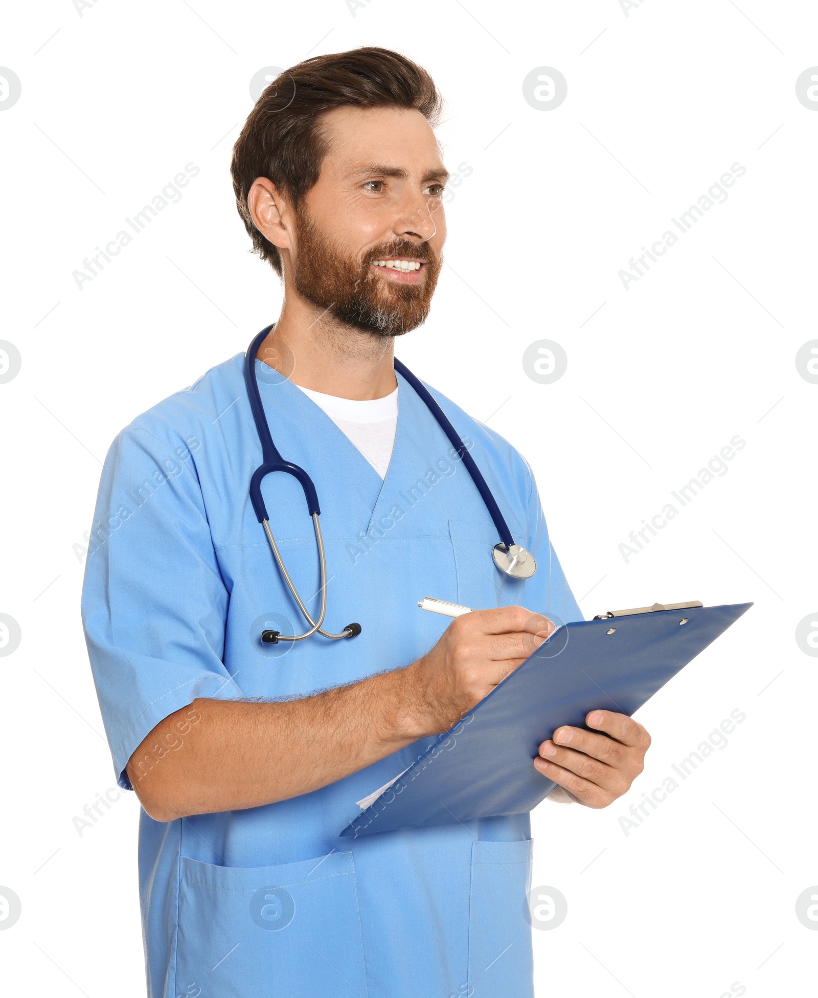 Photo of Happy doctor with stethoscope and clipboard on white background