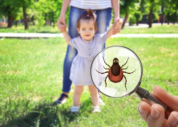 Seasonal hazard of outdoor recreation. Baby girl holding mother's hands while learning to walk outdoors. Woman showing tick with magnifying glass, selective focus